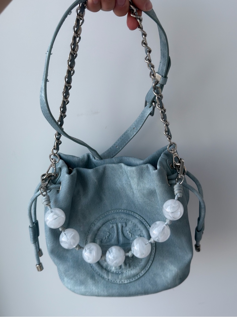 Light Blue Mini Drawstring Bucket Bag with Pearl-Style Handle - Picture 3 of 10